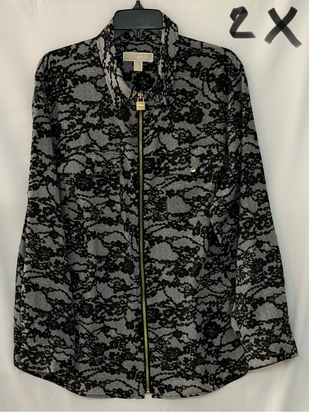 Michael Kors Black & Gray Lace-Overlay Zip Jacket